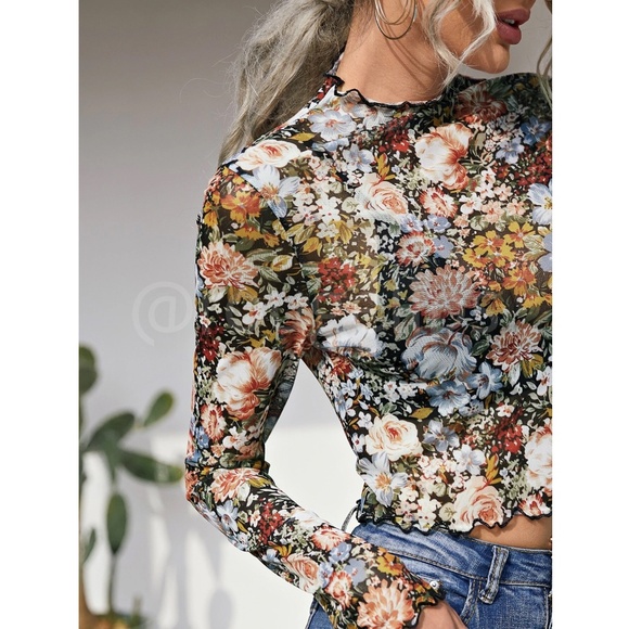 Multicolor Floral Print Mesh Sheer Shirt Crop Top Long Sleeve See-Through - Picture 3 of 7